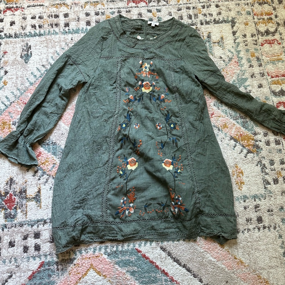 Umgee Green Embroidered Long Sleeve Tunic or Dress